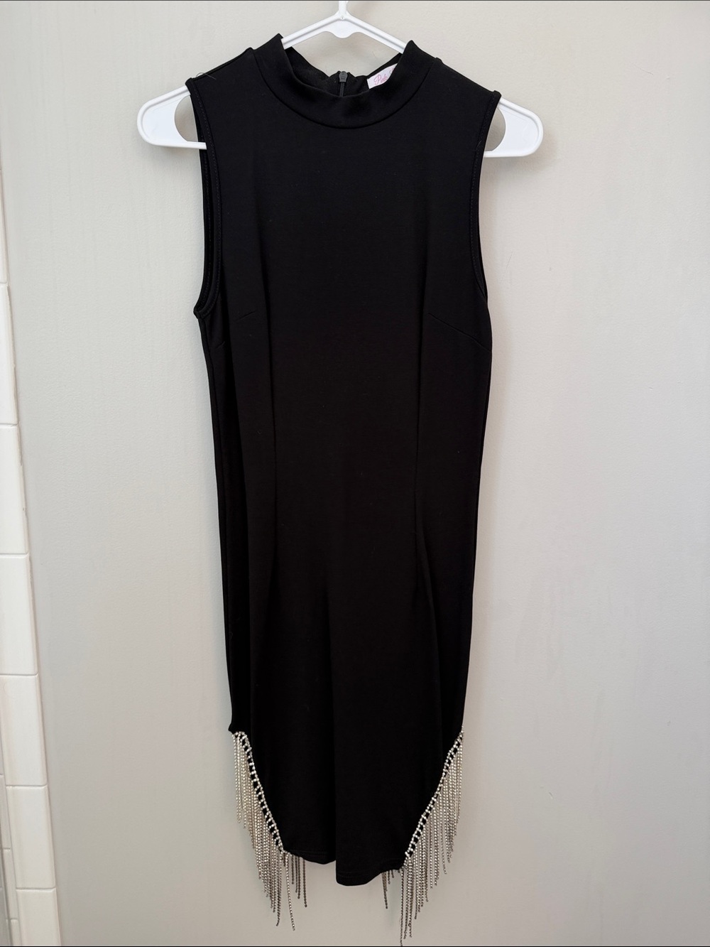 Pink Lily Black Sleeveless Midi Dress with Silver Fringe Hem